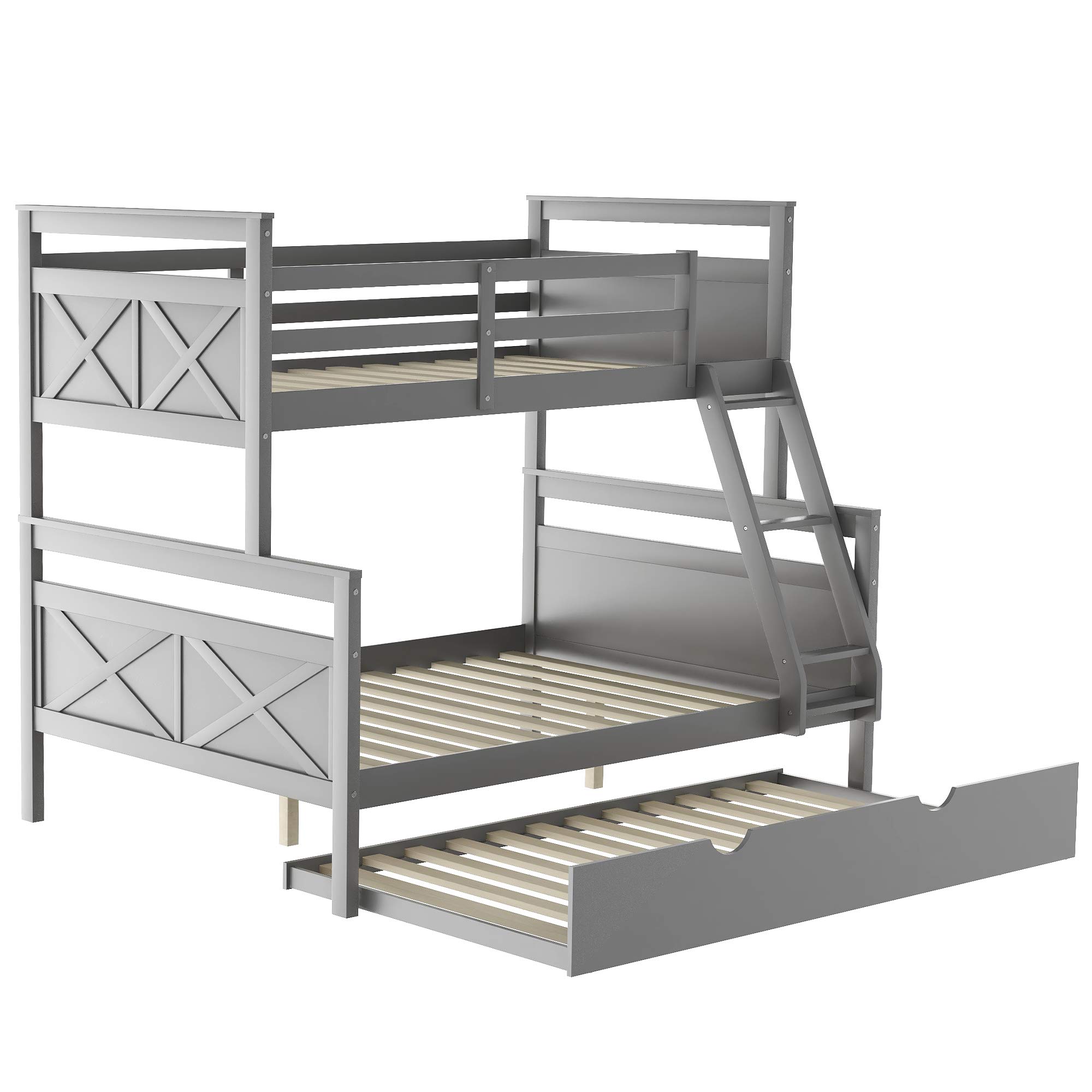 Merax Twin over Full Wood Bunk Bed with Trundle and Safety Guardrail for Teens, Guests，No Box Spring Needed, Gray