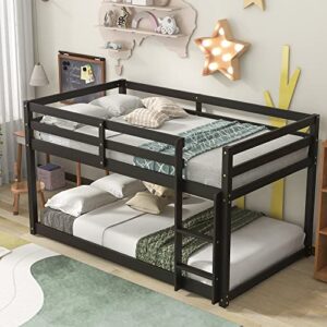 HomSof Twin Floor Bunk Bed, Twin Over Twin, Espresso