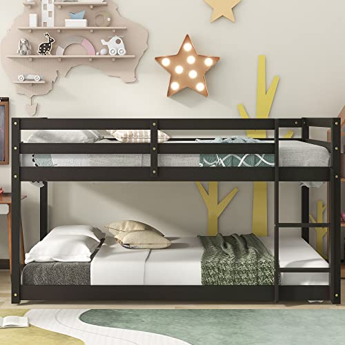 HomSof Twin Floor Bunk Bed, Twin Over Twin, Espresso