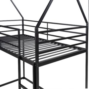 harper & bright designs twin over twin house bunk bed with slide and ladder, metal low bunk bed frame for kids girls boys - black