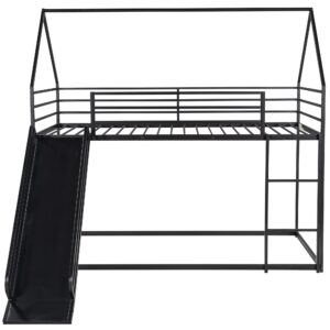 Harper & Bright Designs Twin over Twin House Bunk Bed with Slide and Ladder, Metal Low Bunk Bed Frame for Kids Girls Boys - Black