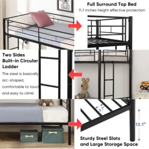 Bunk Bed with Ladder and high Guardrail, Able to Split, Metal Bunk Bed, Storage Space, Noise Free,Twin Over Twin Size Bunk Bed(Black-New)