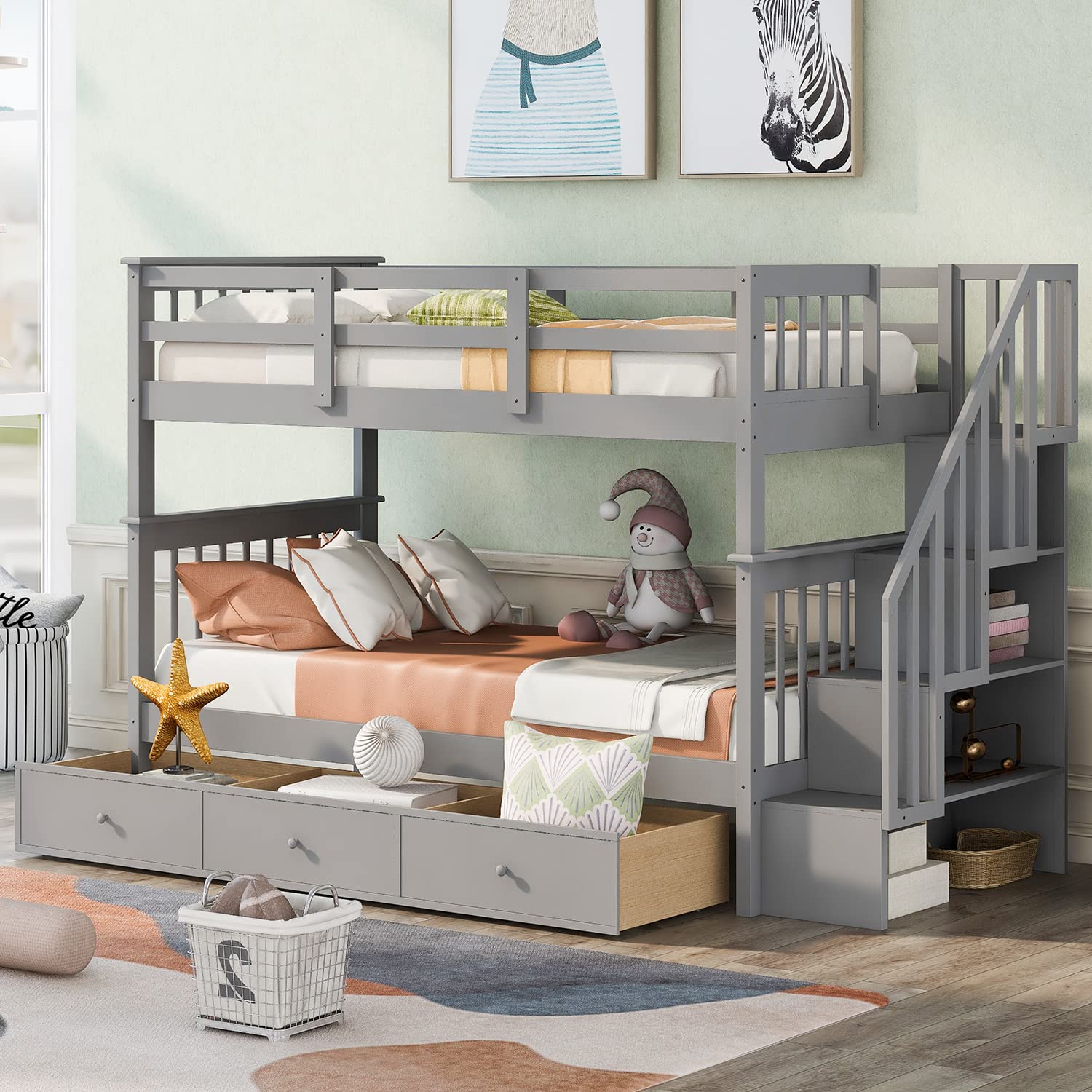 Harper & Bright Designs Twin Over Twin Bunk Bed with Stairs and Guard Rail, Wood Bunk Bed with Storage Drawers Twin Bunk Bed Frame for Bedroom, Dorm, Kids, Teens, Adults (Twin, Gray)