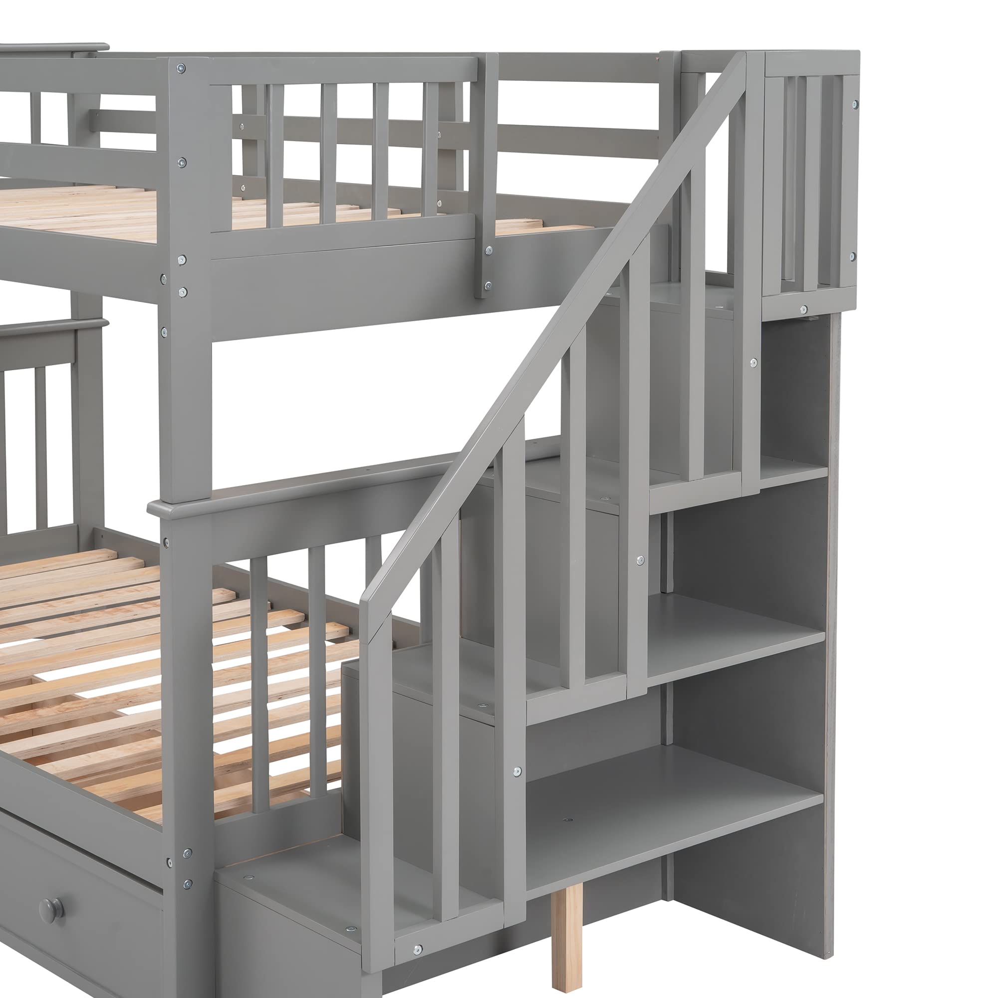 Harper & Bright Designs Twin Over Twin Bunk Bed with Stairs and Guard Rail, Wood Bunk Bed with Storage Drawers Twin Bunk Bed Frame for Bedroom, Dorm, Kids, Teens, Adults (Twin, Gray)