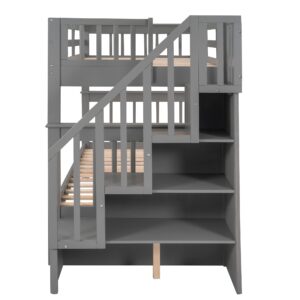 Harper & Bright Designs Twin Over Twin Bunk Bed with Stairs and Guard Rail, Wood Bunk Bed with Storage Drawers Twin Bunk Bed Frame for Bedroom, Dorm, Kids, Teens, Adults (Twin, Gray)