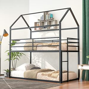 lifeand twin over twin bunk beds for kids,metal house bunk bed frame with built-in ladder,no box spring needed,black