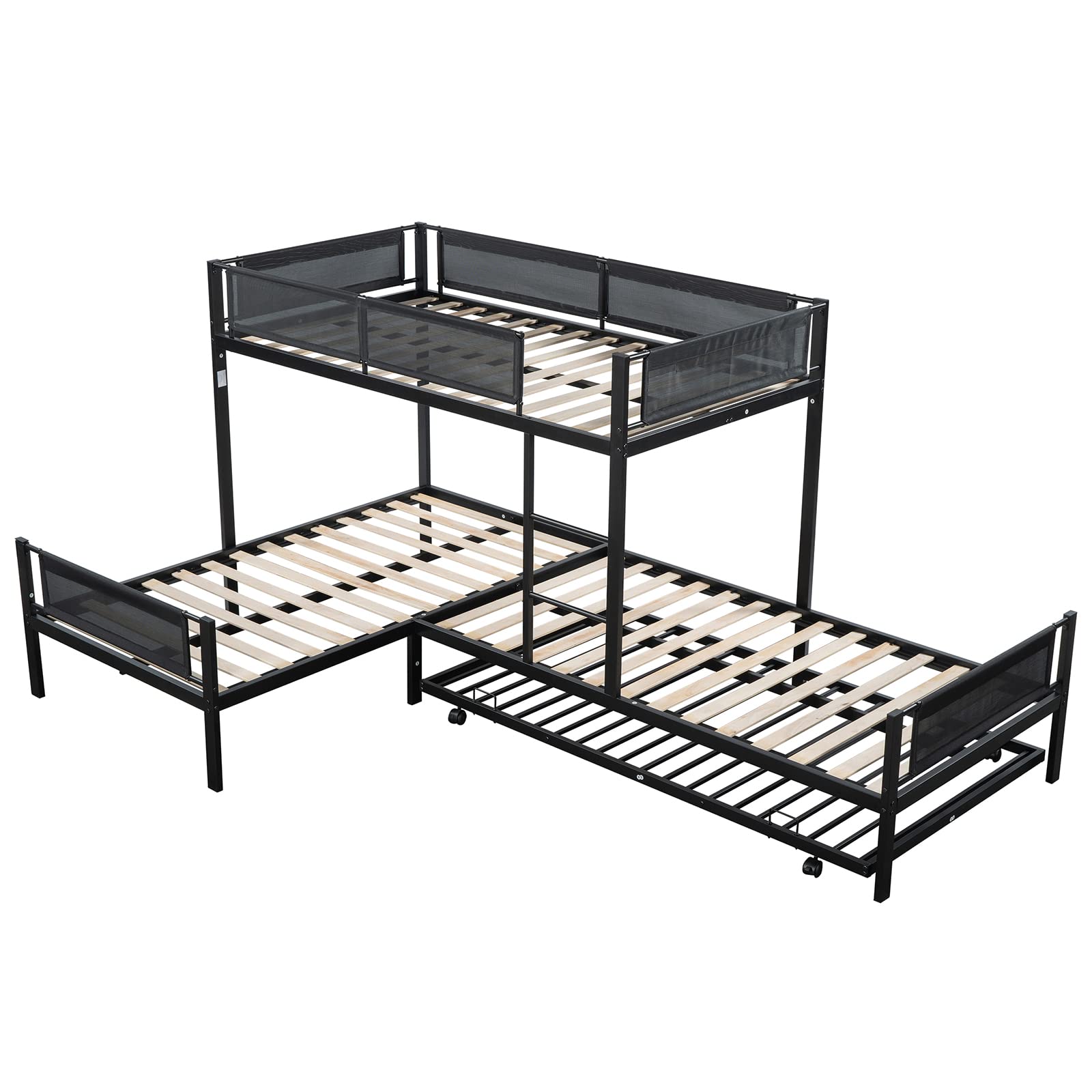 KIVENJAJA L-shape Triple Bunk Bed with Trundle, Metal Quad Bunk Beds Twin Over Twin for 4 Kids, Heavy Duty 4 Small Bunkbeds for Teens Girls Boys Adults, Black