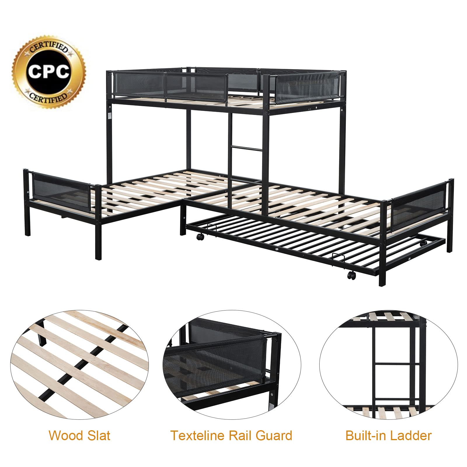 KIVENJAJA L-shape Triple Bunk Bed with Trundle, Metal Quad Bunk Beds Twin Over Twin for 4 Kids, Heavy Duty 4 Small Bunkbeds for Teens Girls Boys Adults, Black