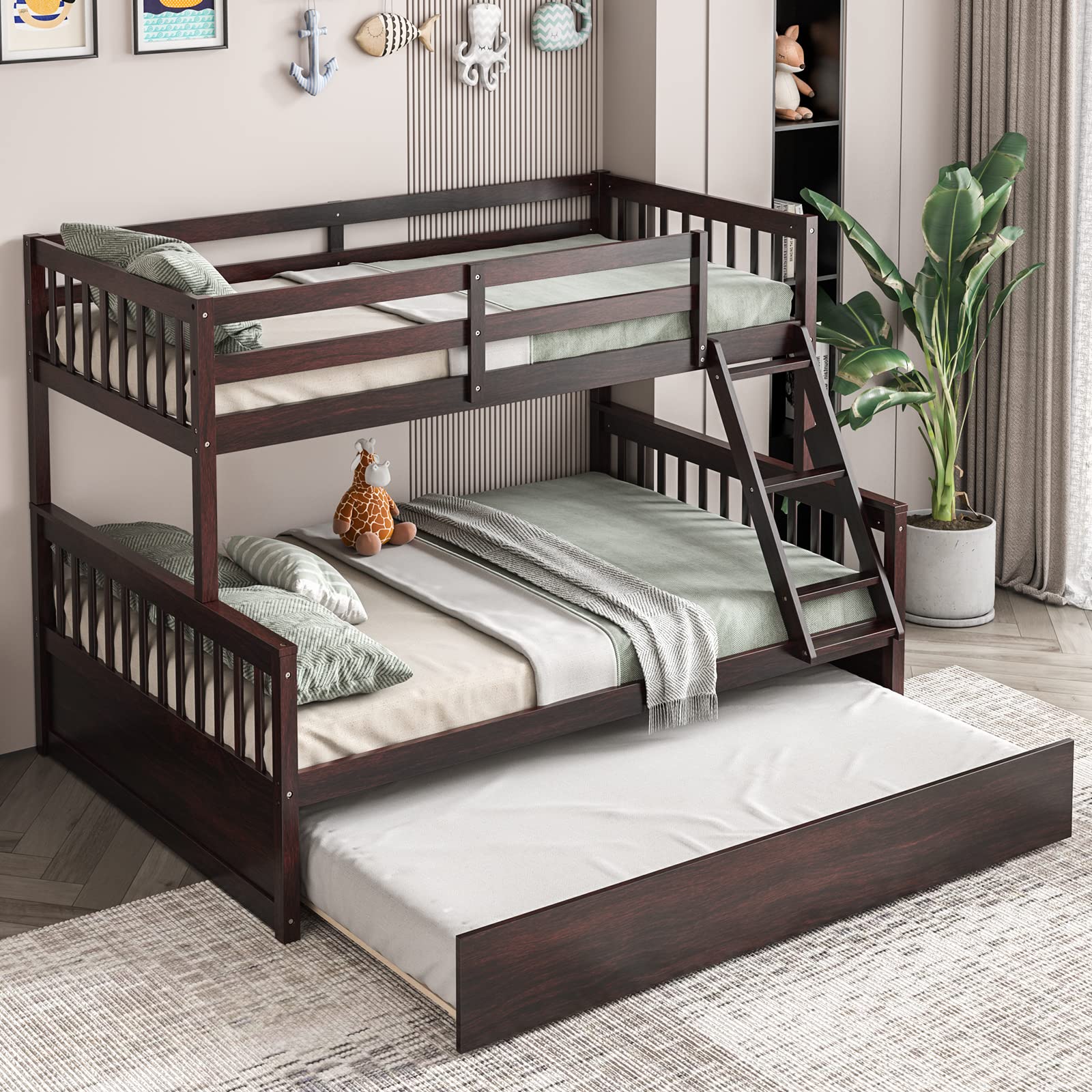 Giantex Twin Over Full Bunk Bed with Trundle, Solid Wood Bunk Bed with Ladder and Guardrails, Convertible to 2 Beds, Triple Bunk Beds for Kids Teens Adults, No Box Spring Needed, Espresso