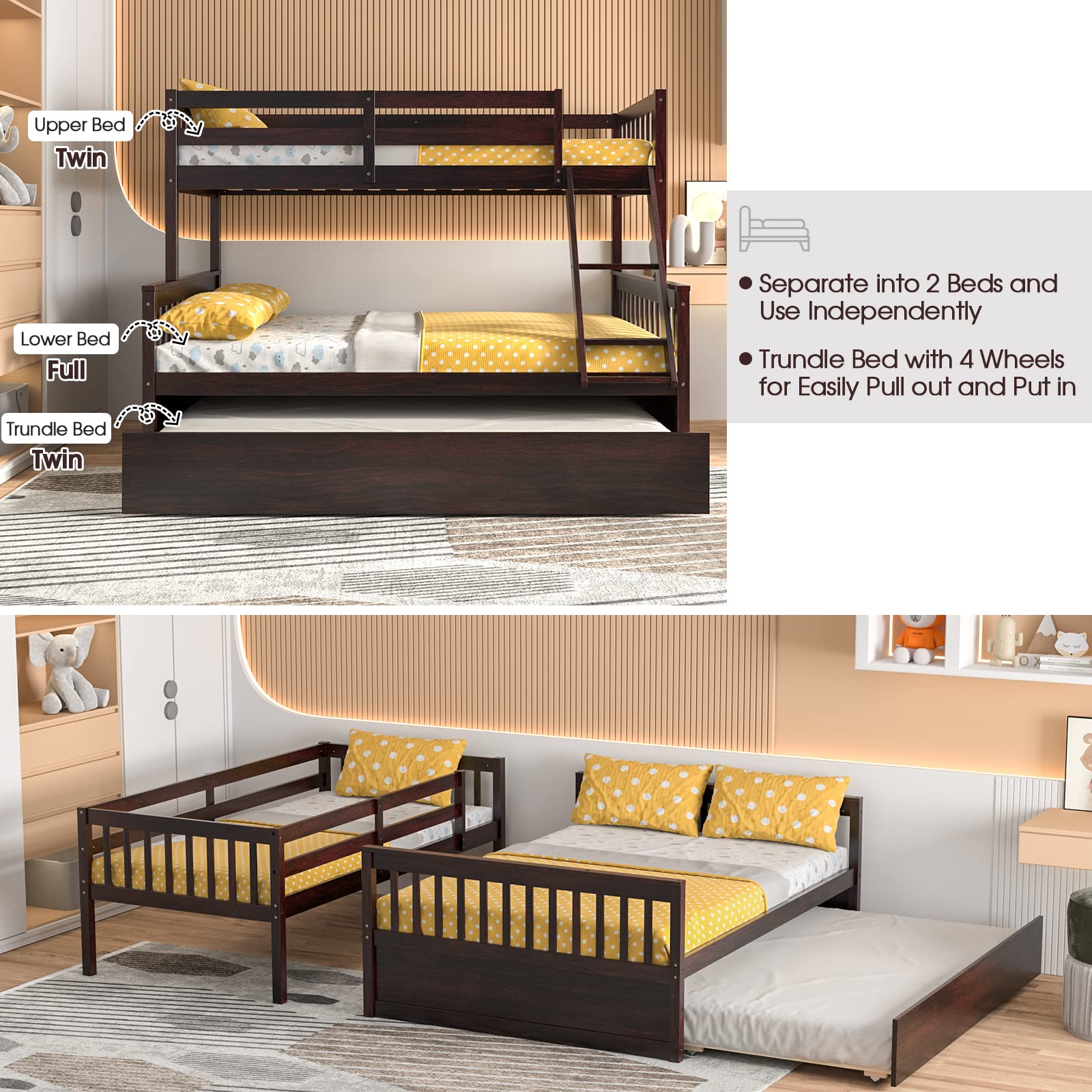 Giantex Twin Over Full Bunk Bed with Trundle, Solid Wood Bunk Bed with Ladder and Guardrails, Convertible to 2 Beds, Triple Bunk Beds for Kids Teens Adults, No Box Spring Needed, Espresso