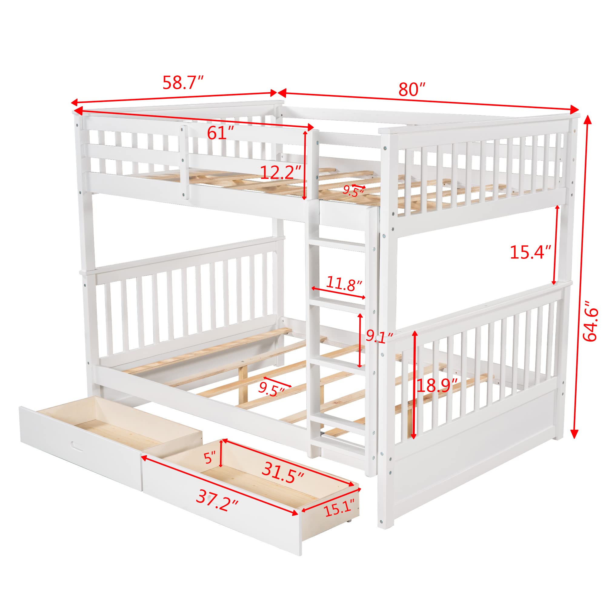 Harper & Bright Designs Full Over Full Bunk Bed with Drawers, Full Size Bunk Bed, Solid Wood Bunk Bed Frame with Ladders & 2 Storage Drawers, Bedroom Furniture (White, Full/Full with Drawers)