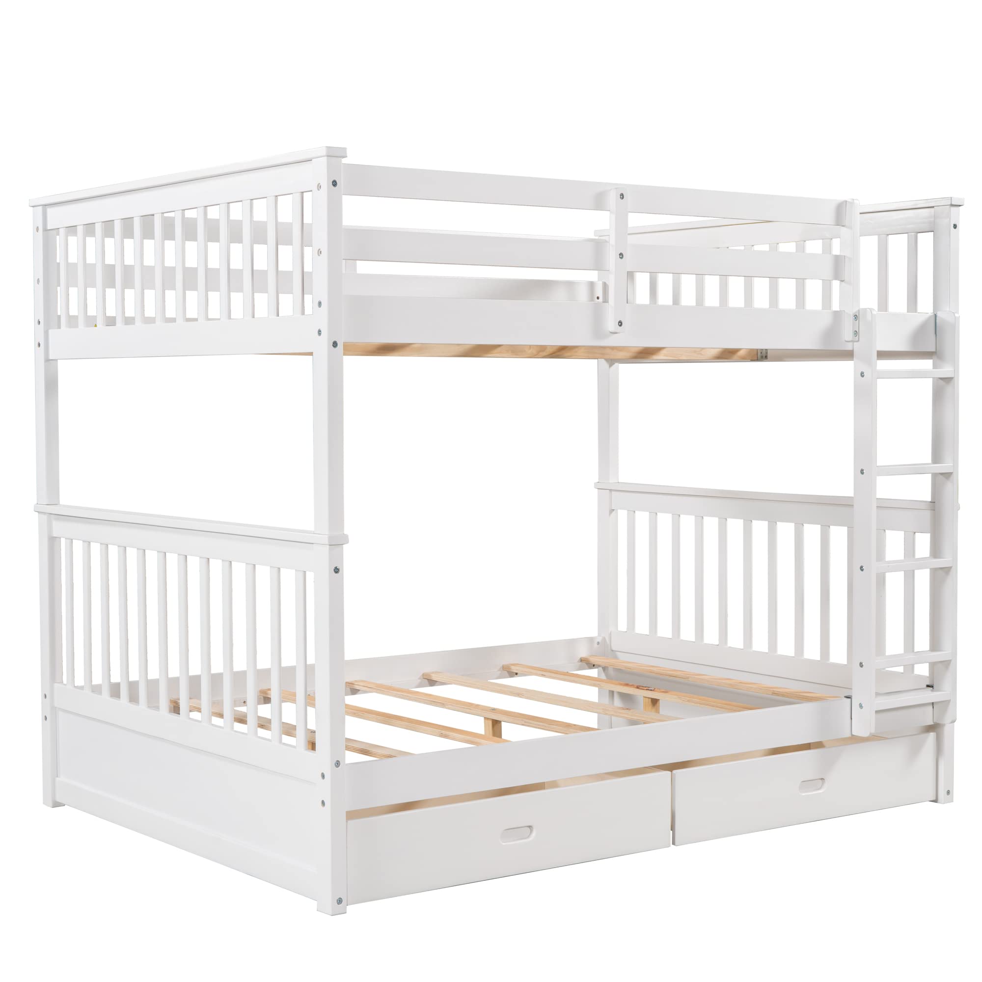 Harper & Bright Designs Full Over Full Bunk Bed with Drawers, Full Size Bunk Bed, Solid Wood Bunk Bed Frame with Ladders & 2 Storage Drawers, Bedroom Furniture (White, Full/Full with Drawers)