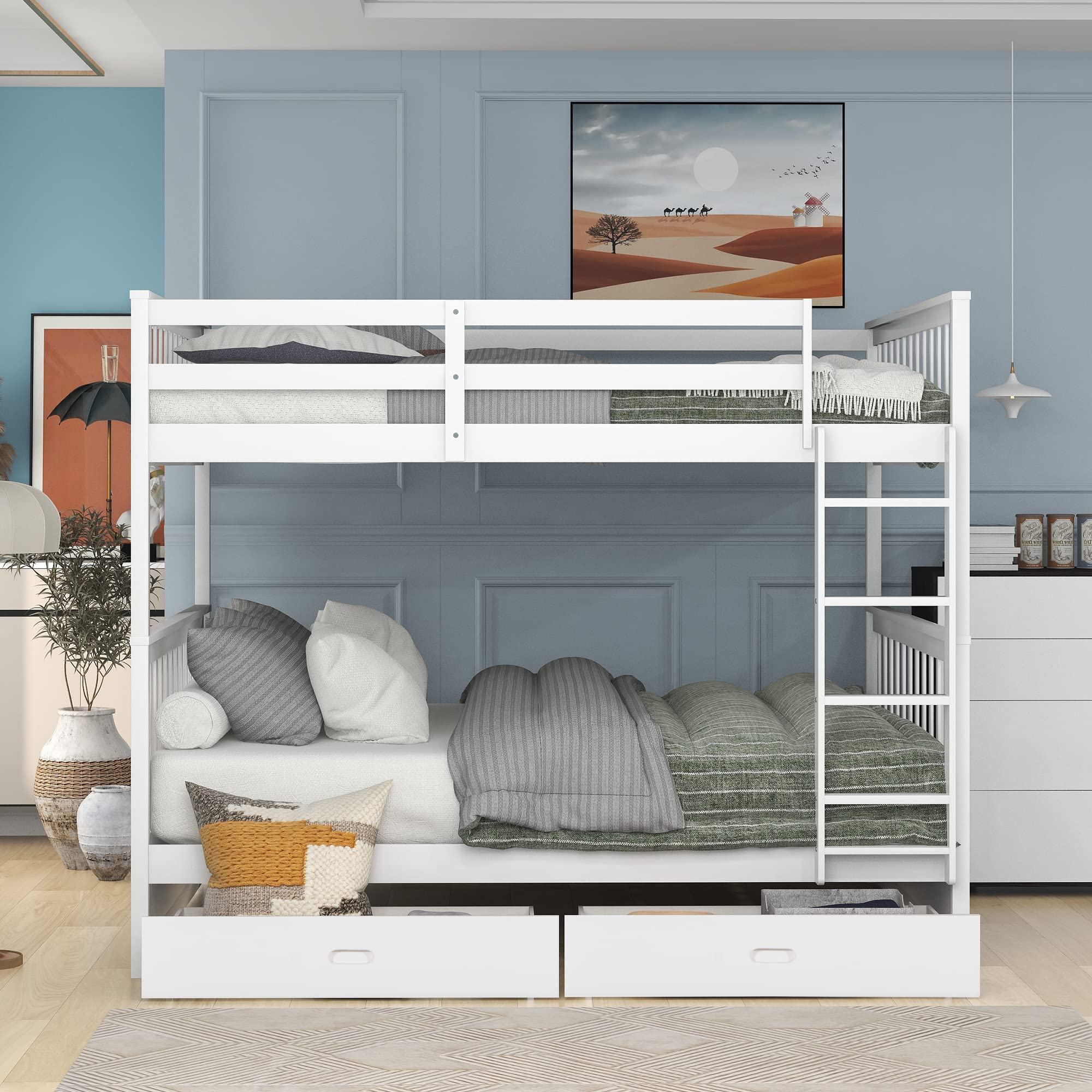 Harper & Bright Designs Full Over Full Bunk Bed with Drawers, Full Size Bunk Bed, Solid Wood Bunk Bed Frame with Ladders & 2 Storage Drawers, Bedroom Furniture (White, Full/Full with Drawers)