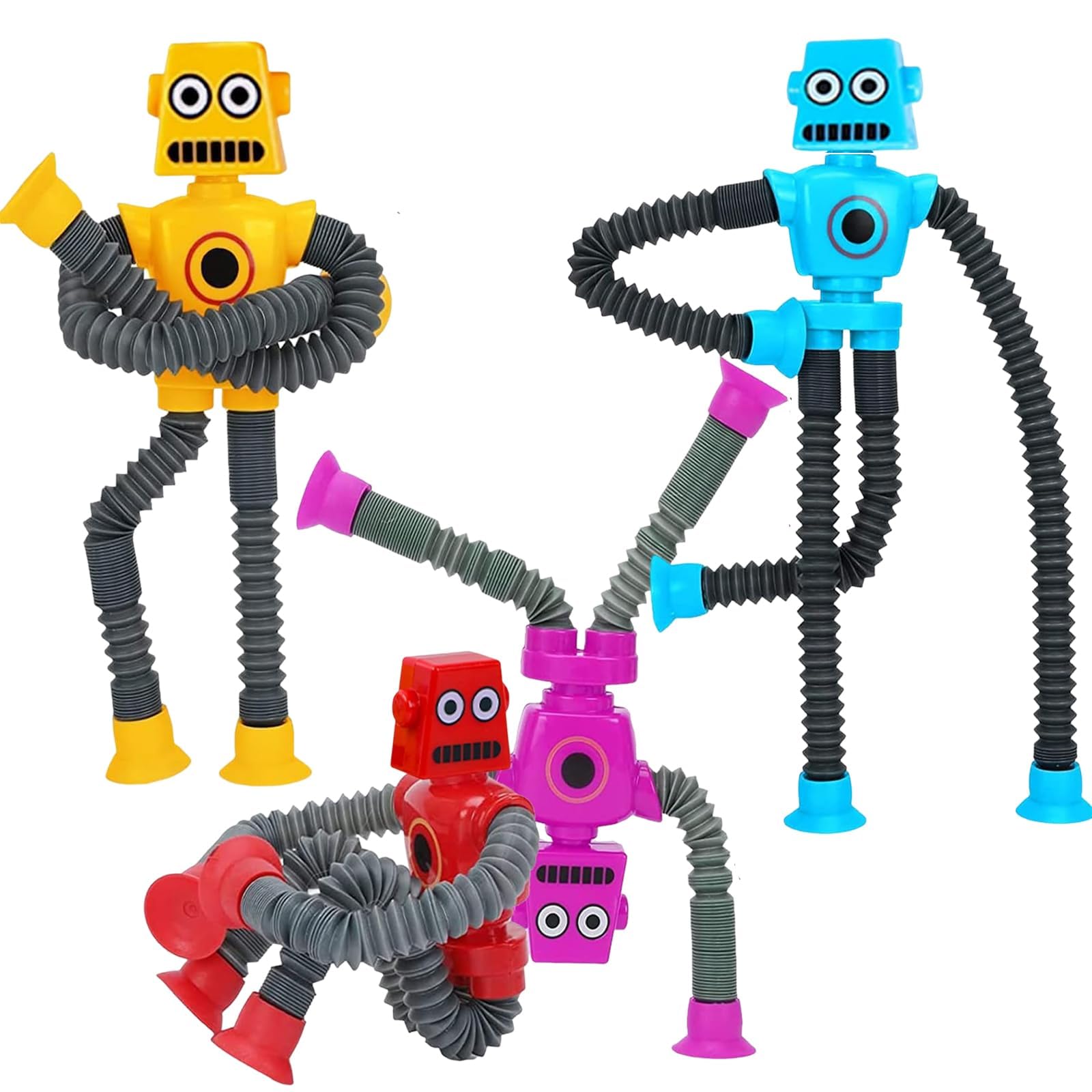 utosday 4 Pieces Telescopic Suction Cup Robot Toy, Pop Tubes Fidget Toys, Shape Changing Telescopic Tube Sensory Toys with Light, Pop Tubes Suction Toys, LED Fidget Tubes Sensory Toys for Girls Boys