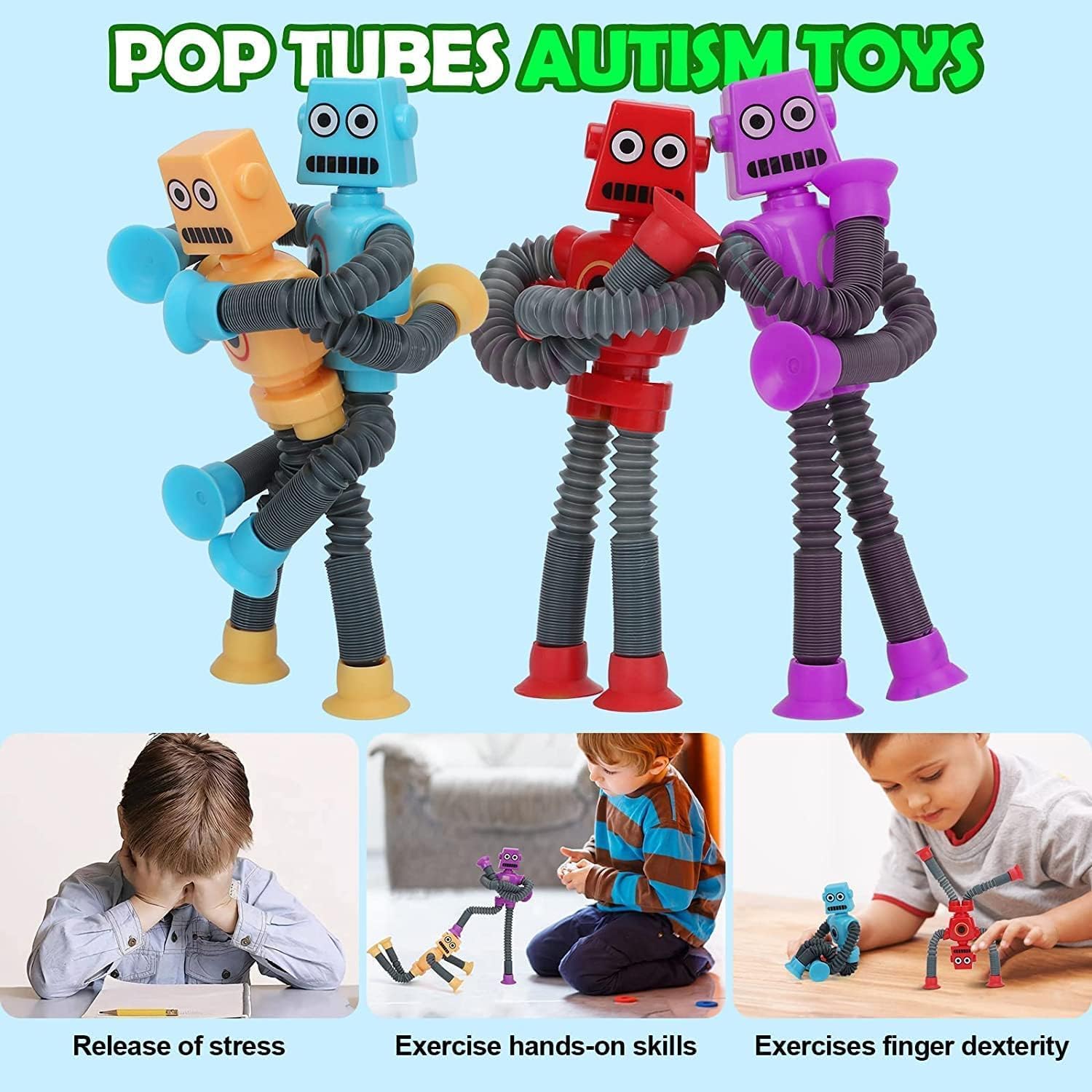 utosday 4 Pieces Telescopic Suction Cup Robot Toy, Pop Tubes Fidget Toys, Shape Changing Telescopic Tube Sensory Toys with Light, Pop Tubes Suction Toys, LED Fidget Tubes Sensory Toys for Girls Boys