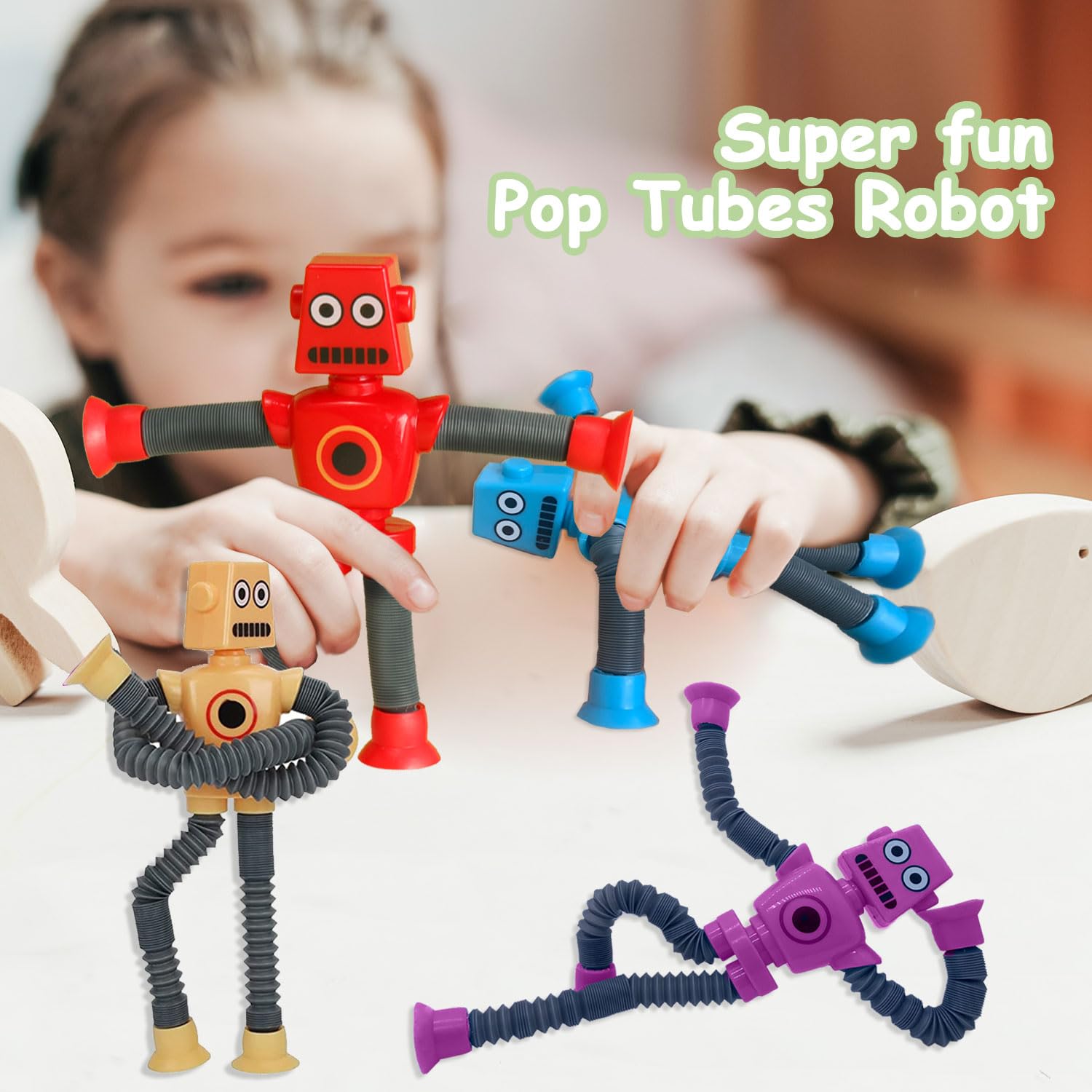 Pop Tubes Robot Toy, 4 Packs Fidget Toys Telescopic Suction Cup Robotics Autism Sensory Toys for Toddlers Boys Girls Educational Classroom Treasure Box Stretchy Robots Party Favors