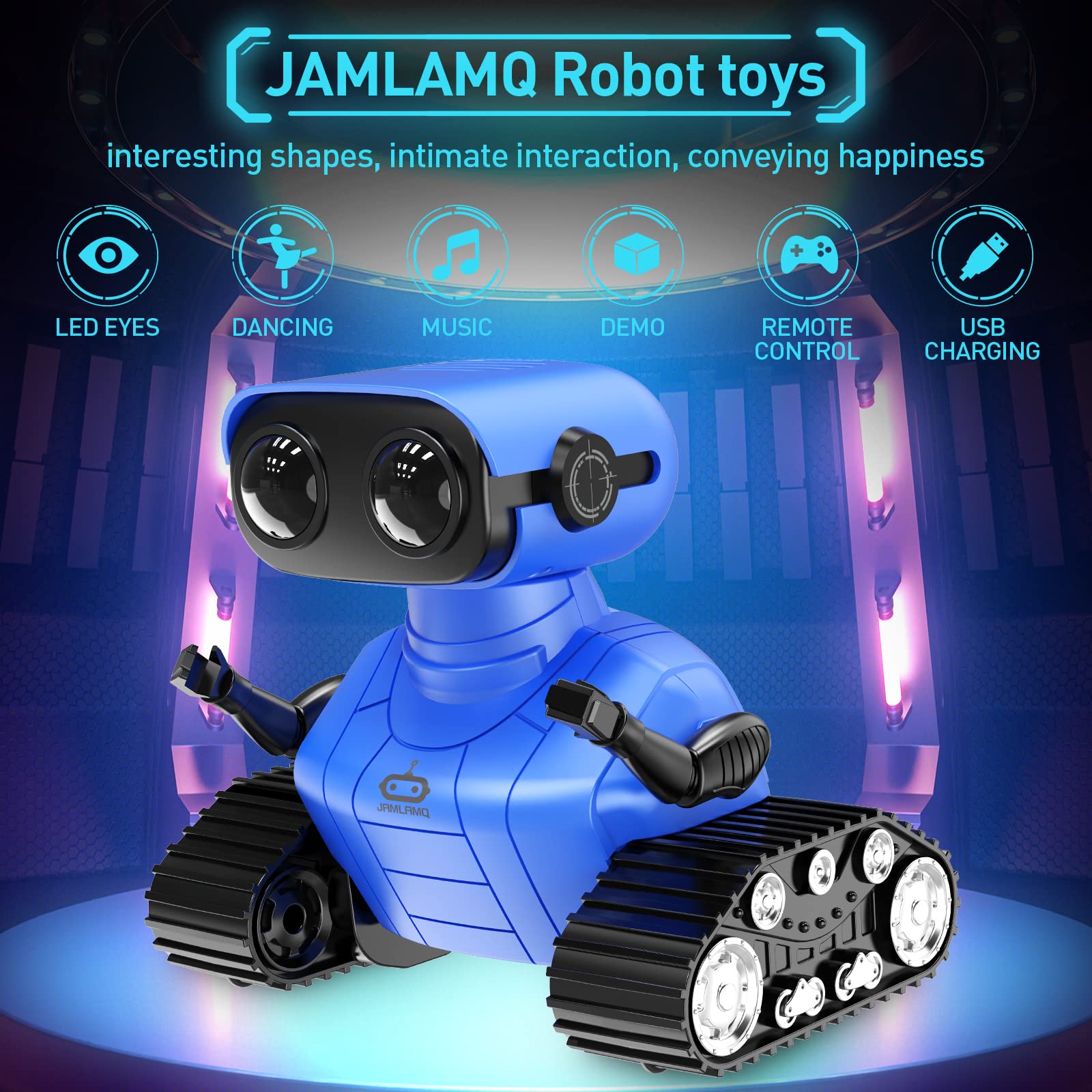 JAMLAMQ Robot Toys for 3 Years Old Boys Girls-Rechargeable Remote Control Robot Toys,Toy with Music and LED Eyes,Emo Robot with Auto-Demonstration,Dance Moves,Kids Toys Gifts (Blue)