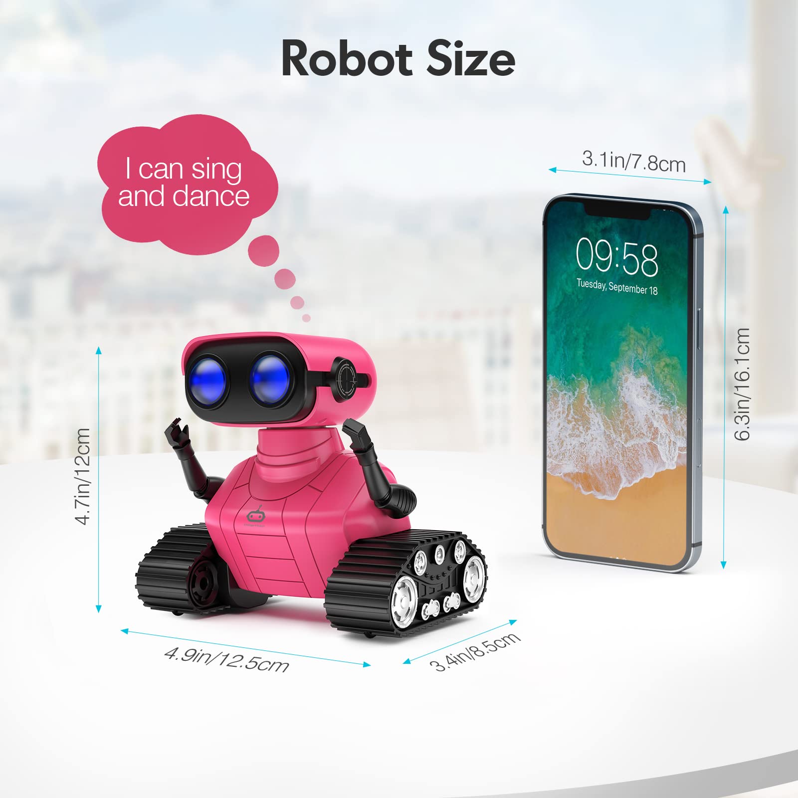 ALLCELE Robot Toys, Rechargeable RC Robots for Kids Boys, Remote Control Toy with Music and LED Eyes, Gift for Children Age 3 Years and Up - Rose Red