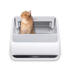 popur x5 self-cleaning cat litter box - unique split system, open top, 30-day capacity - automatic litter scooping robot, odor-seal disposable cardboard bin, 24 inch tray, 33 lbs. load, 99% leakproof