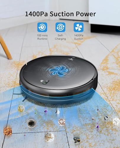 Robot Vacuum and Mop Combo, 2 in 1 Mopping Robot Vacuum Cleaner with Schedule, Wi-Fi/App, 1400Pa Max Suction, Self-Charging Robotic Vacuum, Slim, Ideal for Hard Floor, Pet Hair, Low-Pile Carpet