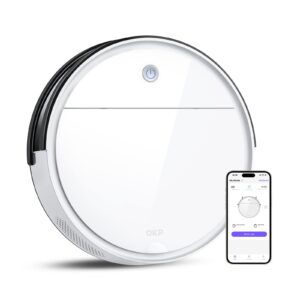 okp robotic vacuum cleaner 2500pa, 120 min runtime, robot vacuum cleaner with schedule, wifi/app/alexa, self-charging, slim design, quiet, perfect for hard floors, pet hair, carpets