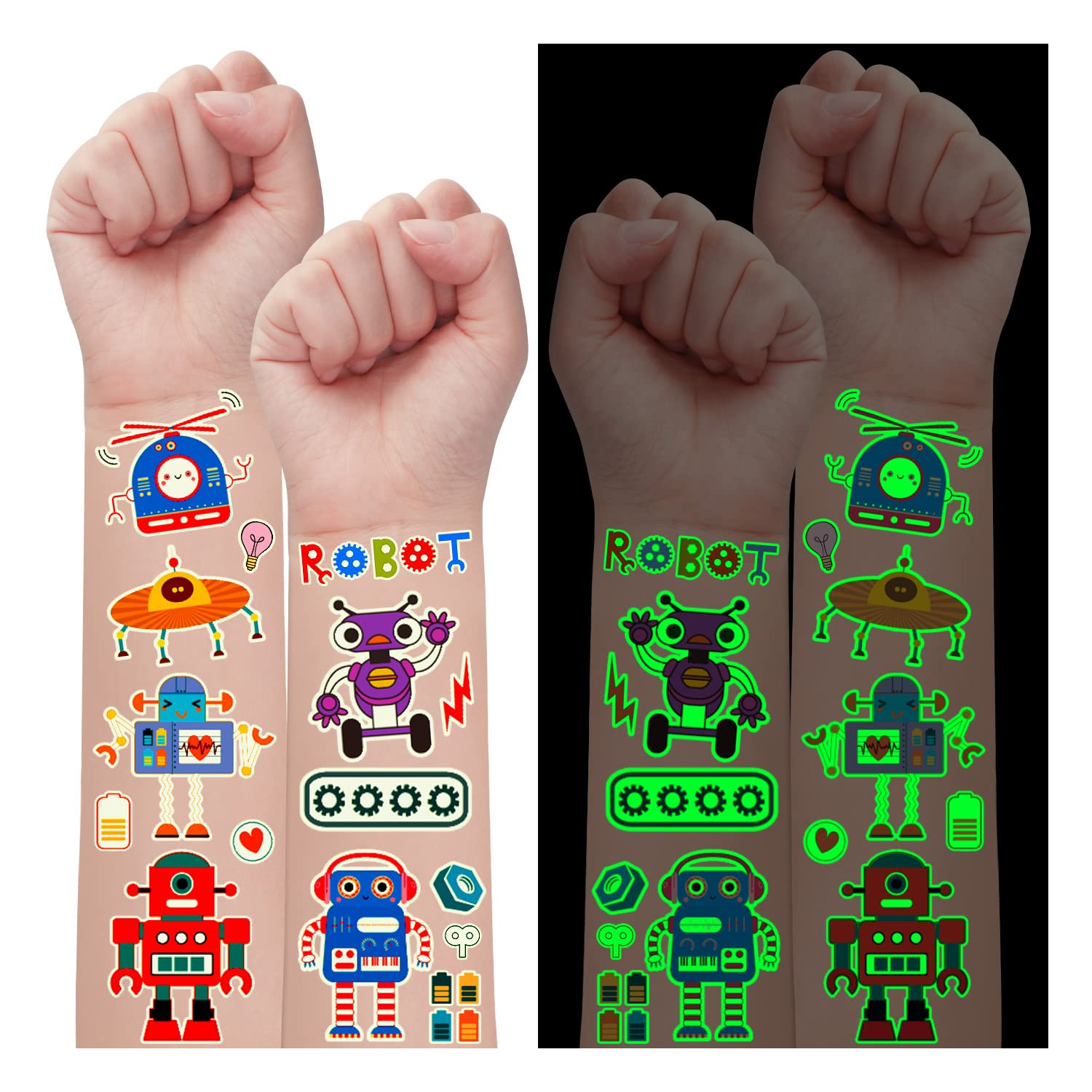 Partywind 315 Styles (30 Sheets) Glow Robot Party Favors, Luminous Robots Temporary Tattoos for Boys Party Supplies Birthday, Goodie Bag Stuffers for Children