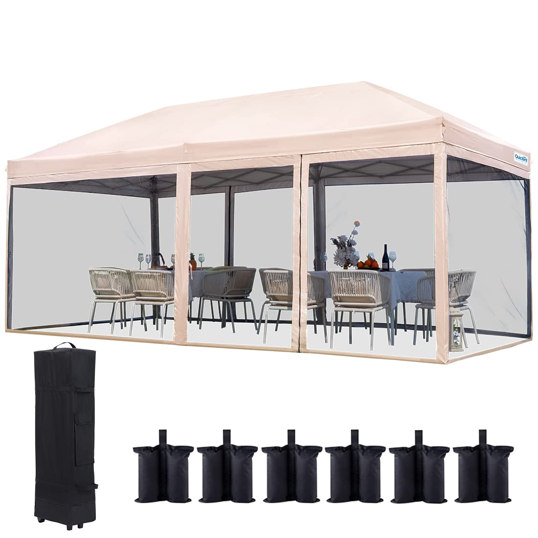 Quictent 10'x20' Pop up Canopy Tent with Netting, Instant Screen House Room Outdoor Party Event Gazebo Screened - Waterproof & 6 Sand Bags Included (Tan)