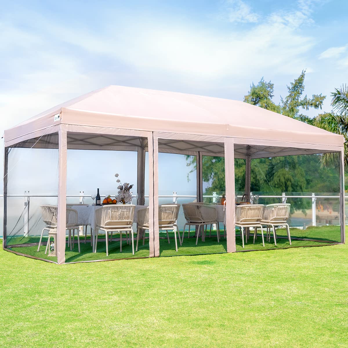 Quictent 10'x20' Pop up Canopy Tent with Netting, Instant Screen House Room Outdoor Party Event Gazebo Screened - Waterproof & 6 Sand Bags Included (Tan)