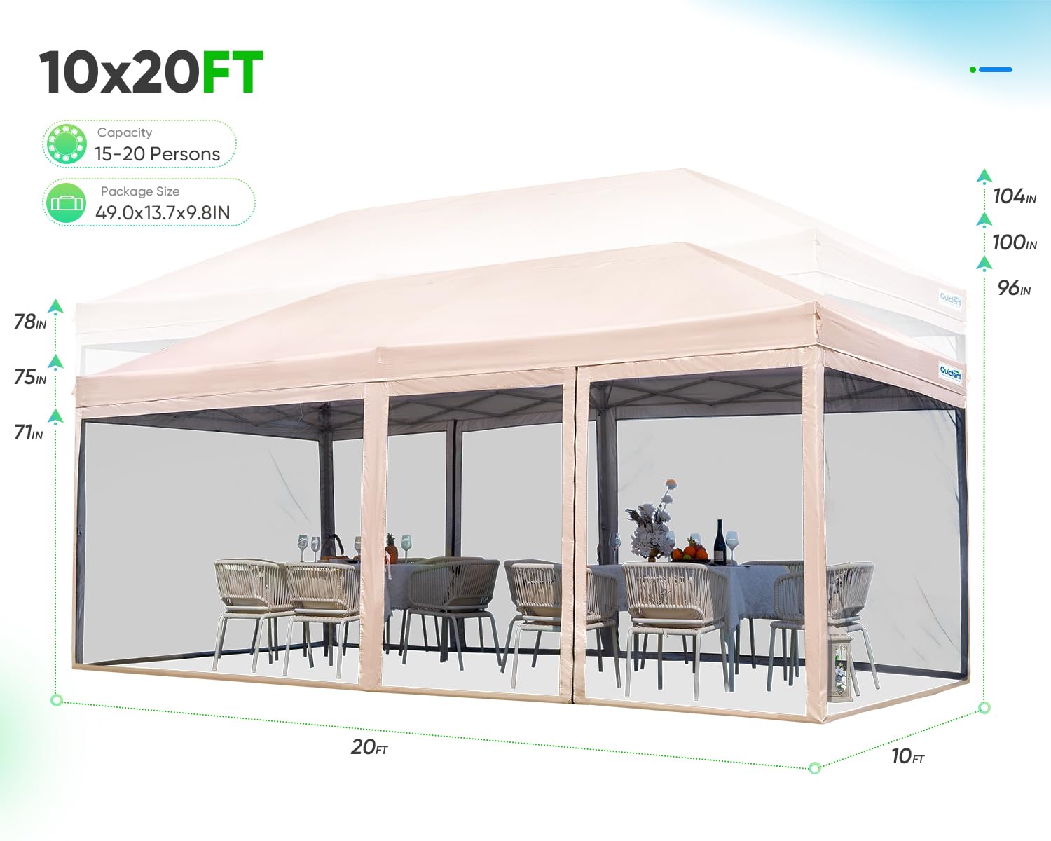 Quictent 10'x20' Pop up Canopy Tent with Netting, Instant Screen House Room Outdoor Party Event Gazebo Screened - Waterproof & 6 Sand Bags Included (Tan)