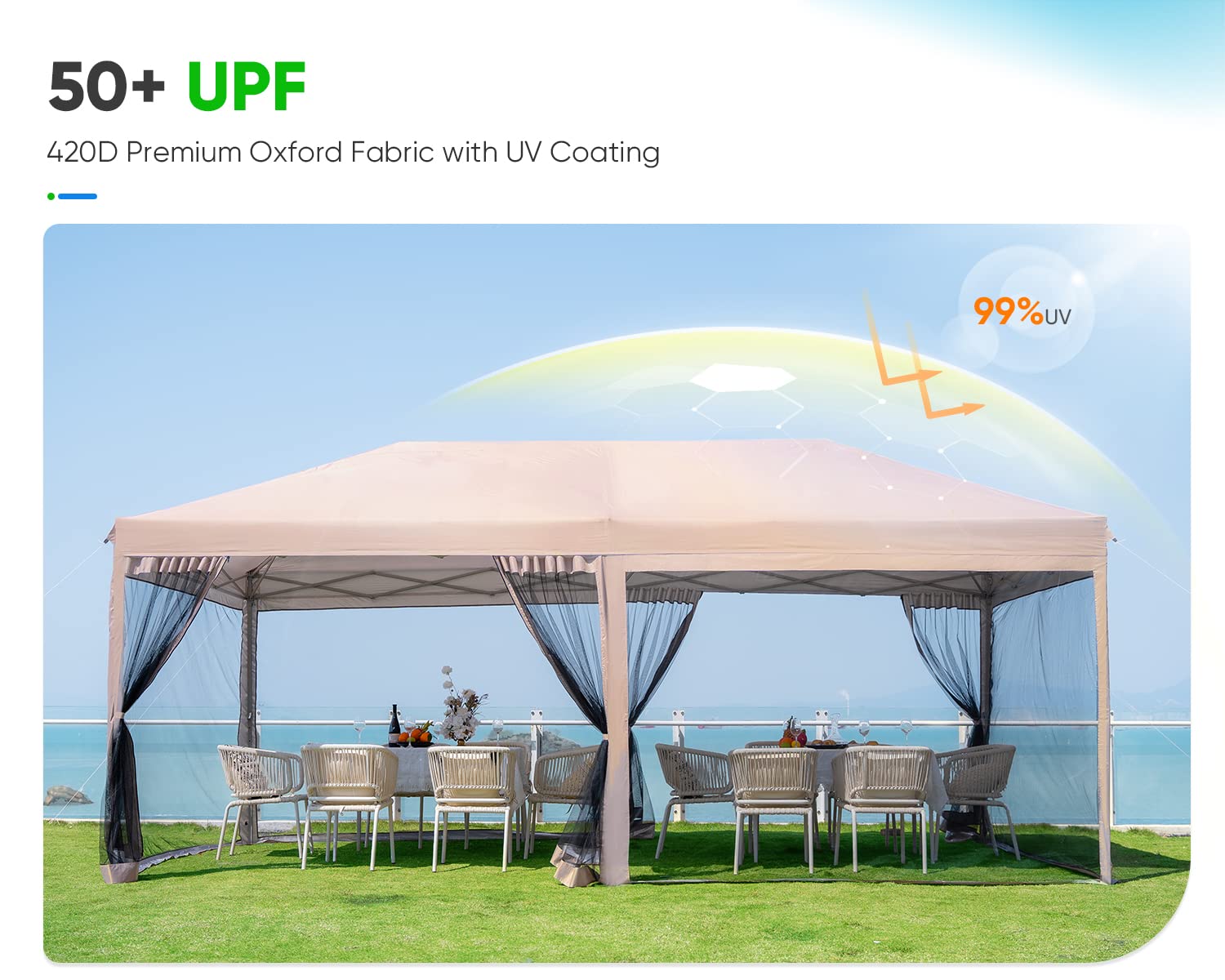 Quictent 10'x20' Pop up Canopy Tent with Netting, Instant Screen House Room Outdoor Party Event Gazebo Screened - Waterproof & 6 Sand Bags Included (Tan)