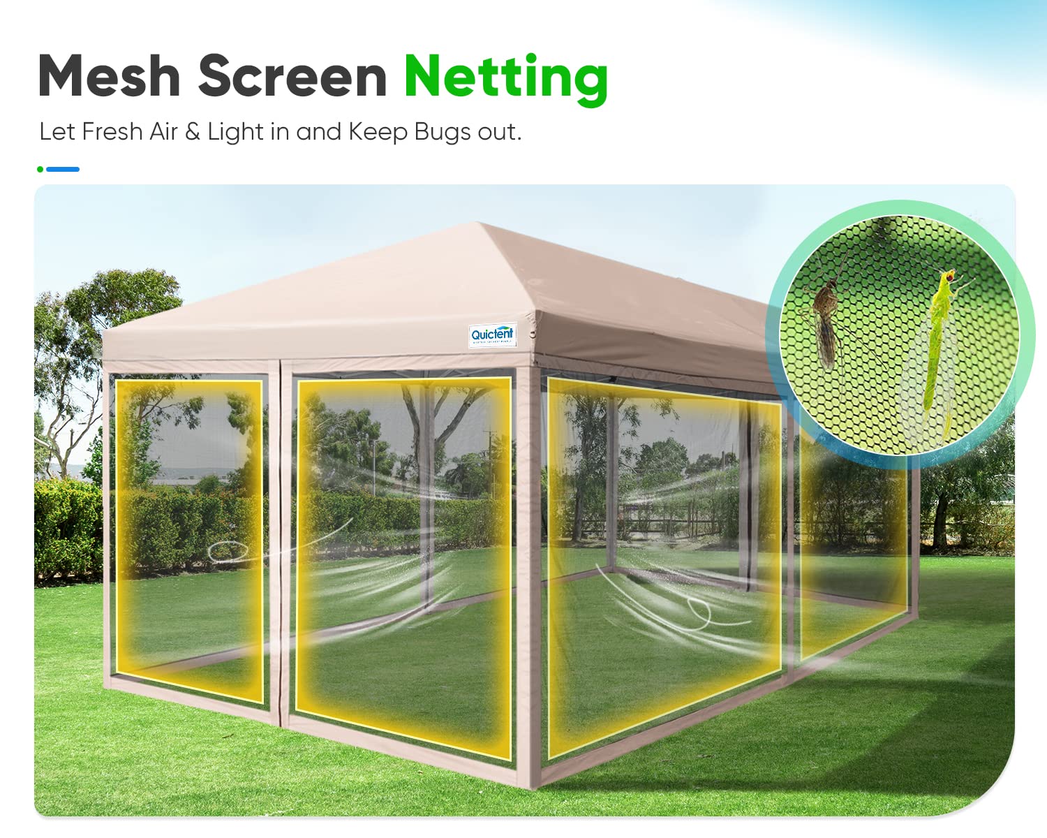 Quictent 10'x20' Pop up Canopy Tent with Netting, Instant Screen House Room Outdoor Party Event Gazebo Screened - Waterproof & 6 Sand Bags Included (Tan)