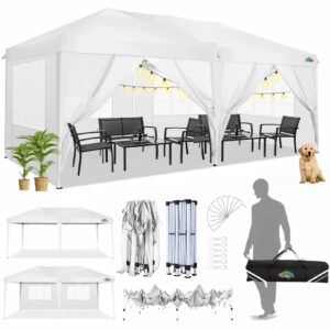 cobizi canopy 10x20 pop up canopy tent with 6 sidewalls ez pop up tent 10x20 waterproof commercial instant shelter tent upf 50+ portable gazebo wedding tents for parties carport vender events, white