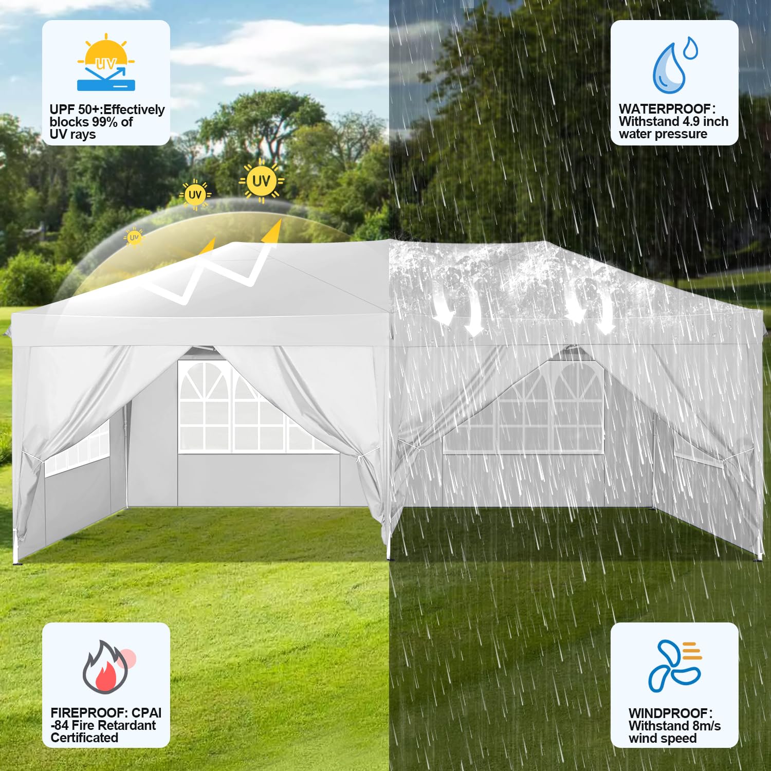 COBIZI Canopy 10x20 Pop Up Canopy Tent with 6 Sidewalls Ez Pop Up Tent 10x20 Waterproof Commercial Instant Shelter Tent UPF 50+ Portable Gazebo Wedding Tents for Parties Carport Vender Events, White