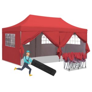 10x20 ft instant pop up canopy, wonlink party tent folding heavy duty gazebos with removable sidewalls and wheeled bag waterproof red