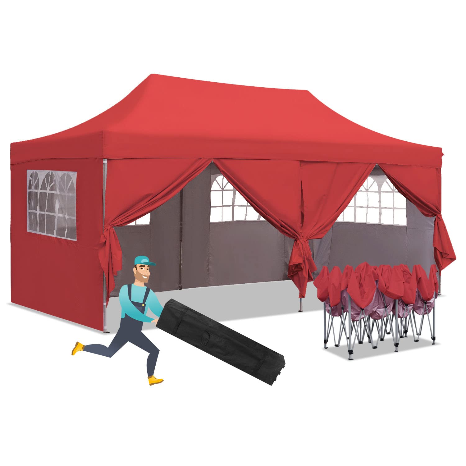 10x20 ft Instant Pop up Canopy, Wonlink Party Tent Folding Heavy Duty Gazebos with Removable Sidewalls and Wheeled Bag Waterproof Red