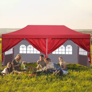 10x20 ft Instant Pop up Canopy, Wonlink Party Tent Folding Heavy Duty Gazebos with Removable Sidewalls and Wheeled Bag Waterproof Red