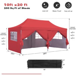 10x20 ft Instant Pop up Canopy, Wonlink Party Tent Folding Heavy Duty Gazebos with Removable Sidewalls and Wheeled Bag Waterproof Red