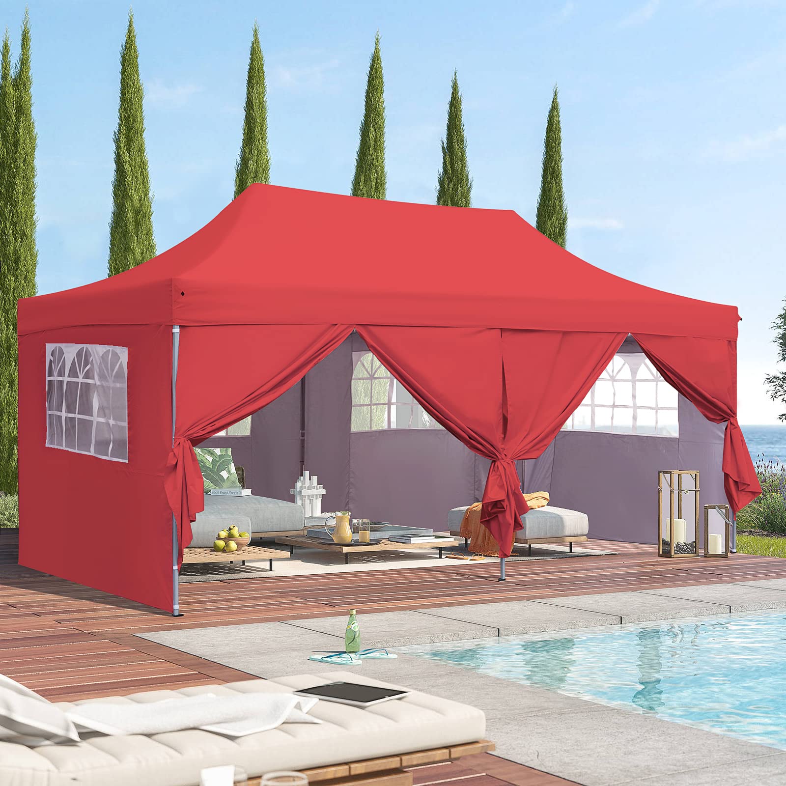 10x20 ft Instant Pop up Canopy, Wonlink Party Tent Folding Heavy Duty Gazebos with Removable Sidewalls and Wheeled Bag Waterproof Red