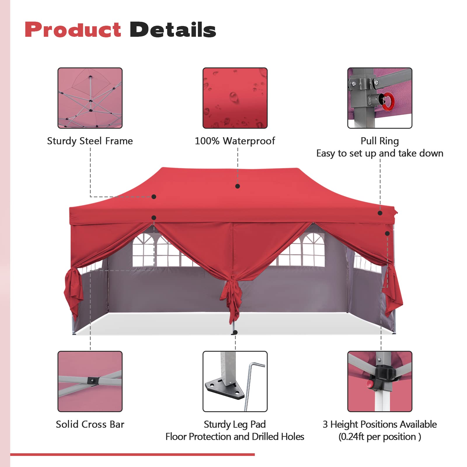 10x20 ft Instant Pop up Canopy, Wonlink Party Tent Folding Heavy Duty Gazebos with Removable Sidewalls and Wheeled Bag Waterproof Red