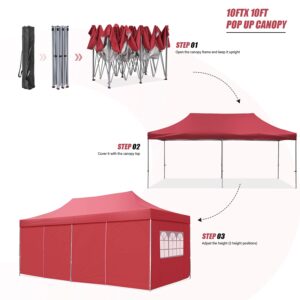 10x20 ft Instant Pop up Canopy, Wonlink Party Tent Folding Heavy Duty Gazebos with Removable Sidewalls and Wheeled Bag Waterproof Red