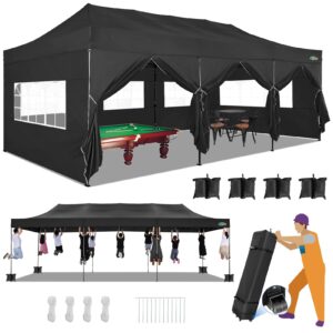 cobizi 10x30 heavy duty pop up canopy with 8 sidewalls stable wedding outdoor tents for parties canopy pop up party tent upf 50+ waterproof commercial gazebo with roller bag, black(windproof upgraded)