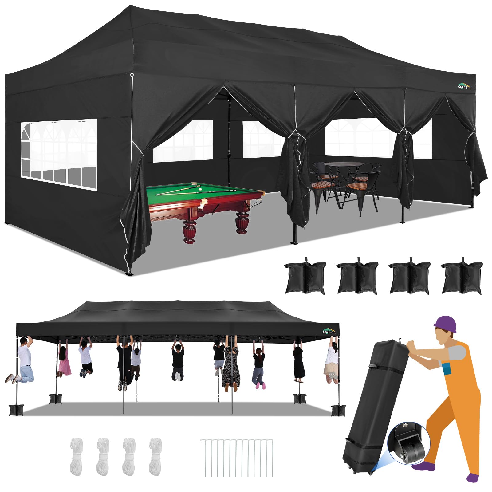 COBIZI 10x30 Heavy Duty Pop up Canopy with 8 sidewalls Stable Wedding Outdoor Tents for Parties Canopy Pop Up Party Tent UPF 50+ Waterproof Commercial Gazebo with Roller Bag, Black(Windproof Upgraded)