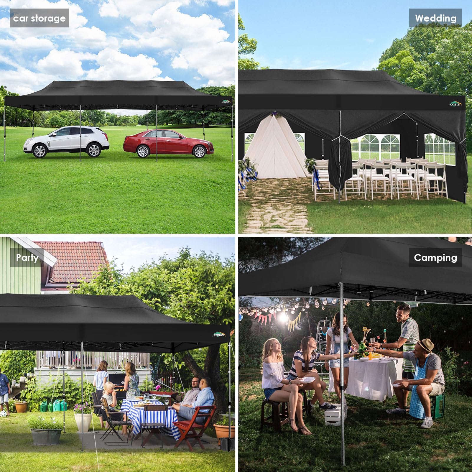 COBIZI 10x30 Heavy Duty Pop up Canopy with 8 sidewalls Stable Wedding Outdoor Tents for Parties Canopy Pop Up Party Tent UPF 50+ Waterproof Commercial Gazebo with Roller Bag, Black(Windproof Upgraded)