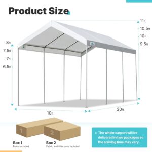 ADVANCE OUTDOOR Adjustable 10x20 ft Heavy Duty Carport Car Canopy Garage Boat Shelter Party Tent, Adjustable Peak Height from 9.5ft to 11ft, White