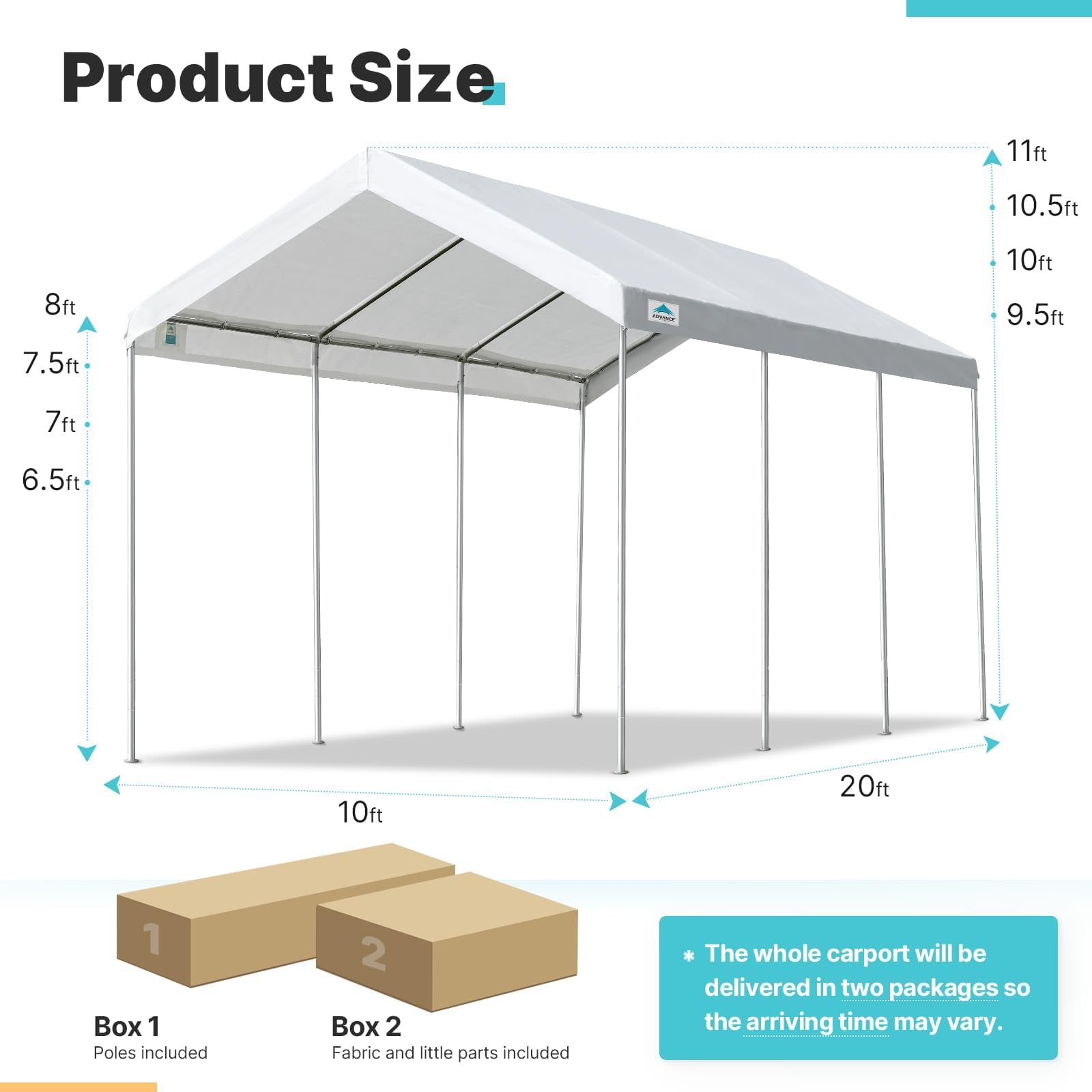 ADVANCE OUTDOOR Adjustable 10x20 ft Heavy Duty Carport Car Canopy Garage Boat Shelter Party Tent, Adjustable Peak Height from 9.5ft to 11ft, White