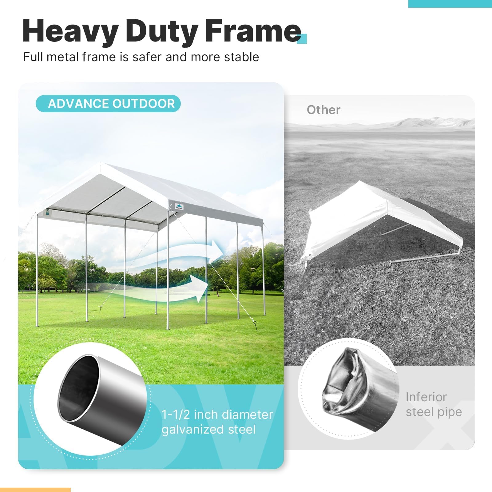 ADVANCE OUTDOOR Adjustable 10x20 ft Heavy Duty Carport Car Canopy Garage Boat Shelter Party Tent, Adjustable Peak Height from 9.5ft to 11ft, White