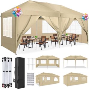 tooluck 10x20 pop up canopy tent with 6 sidewalls tents for parties waterproof camping canopy ez up party tent outdoor portable gazebo for backyard commercial event tent, khaki