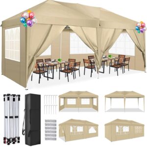 TOOLUCK 10x20 Pop Up Canopy Tent with 6 Sidewalls Tents for Parties Waterproof Camping Canopy Ez Up Party Tent Outdoor Portable Gazebo for Backyard Commercial Event Tent, Khaki