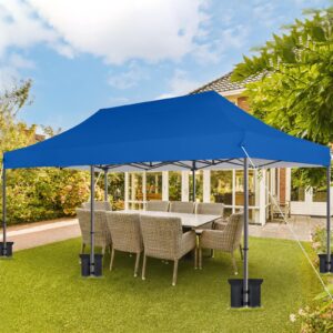 Eesdom 10x20 Canopy Tent with Roller Bag, Commercial Pop Up Canopy Tent, Adjustable Height with Pull Ring, Outdoor Canopy for Beach, Parties, UPF50+, 6 Stakes & 6 Sandbags & 6 Ropes, Blue