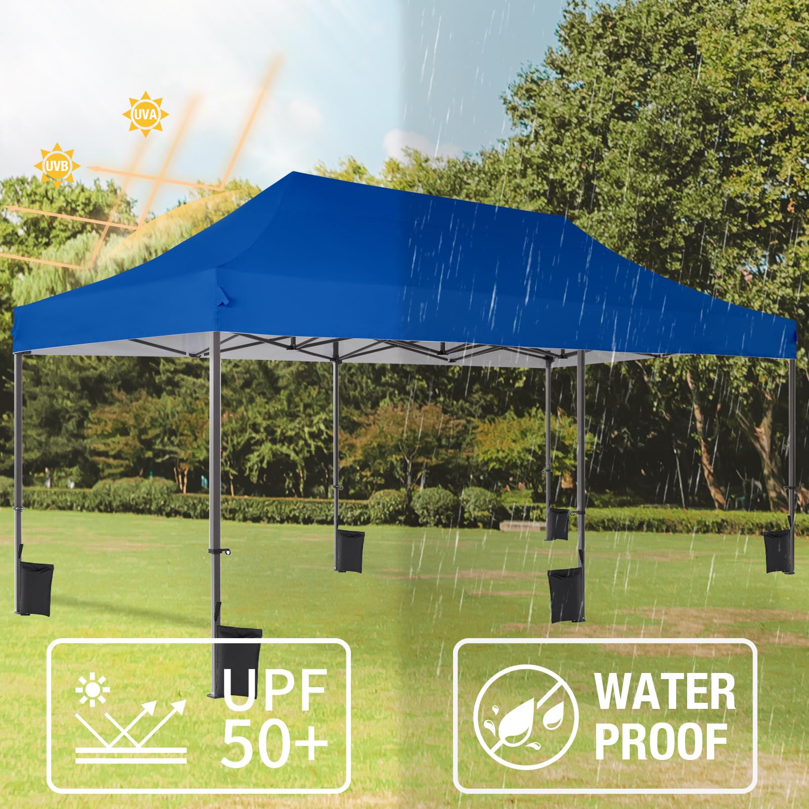 Eesdom 10x20 Canopy Tent with Roller Bag, Commercial Pop Up Canopy Tent, Adjustable Height with Pull Ring, Outdoor Canopy for Beach, Parties, UPF50+, 6 Stakes & 6 Sandbags & 6 Ropes, Blue